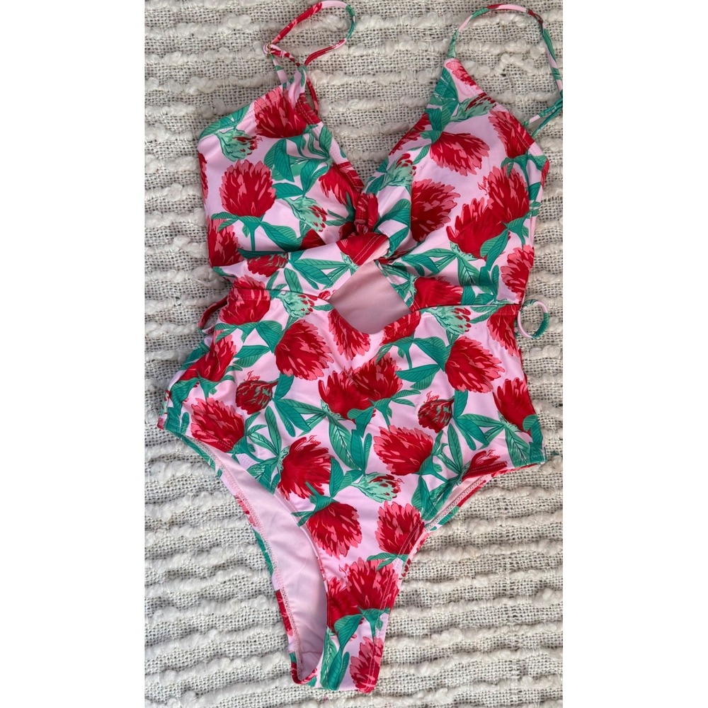 Juicy Couture Pink Floral One-Piece Swimsuit with Red & Green Print